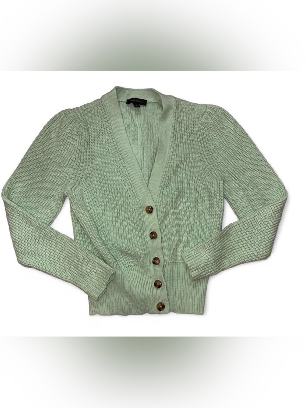 Ann Taylor Mint Ribbed Puff-Sleeve Button Cardigan